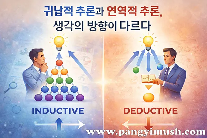 귀납적 추론과 연역적 추론의 차이를 비교한 이미지로, 귀납은 사례에서 일반화로, 연역은 원리에서 결론으로 이어지는 사고 방향을 시각적으로 표현함