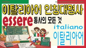 이탈리아어 인칭대명사와 essere 동사의 활용을 한눈에 정리한 교육용 썸네일 이미지