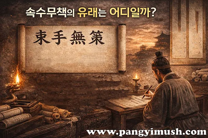 속수무책(束手無策)의 유래를 설명하는 이미지로, 두루마리에 한자가 적혀 있고 고대 학자가 책상에서 글을 쓰는 장면이 보인다.