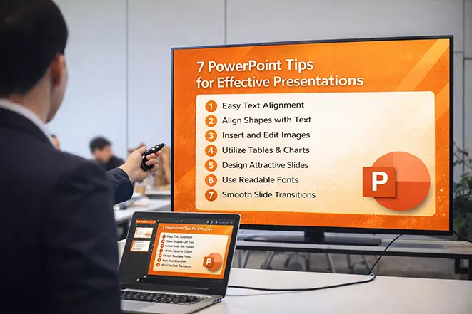 대형 모니터와 노트북 화면에 ‘효과적인 프레젠테이션을 위한 파워포인트 7가지 팁’이 표시된 발표 장면