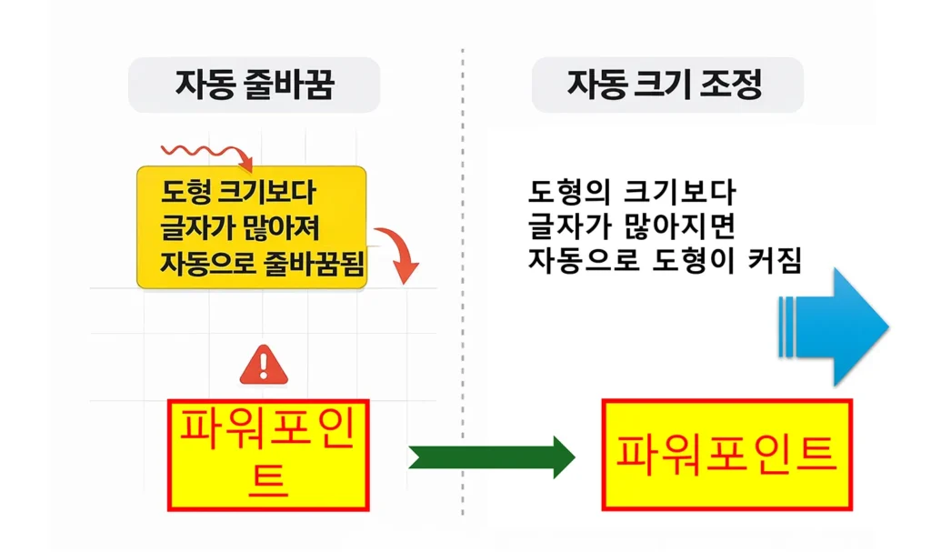 파워포인트에서 텍스트가 자동으로 줄바꿈 되는 경우와 텍스트 양에 따라 도형 크기가 자동으로 커지는 경우를 비교한 설명 이미지