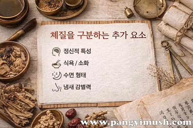 사상의학 체질 구분 추가 요소 이미지 – 성격 식욕 수면 후각 특성 설명