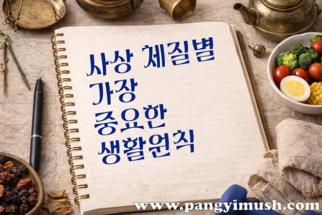 사상의학 체질별 생활 원칙 이미지 – 건강 관리와 식습관 운동 개념 표현