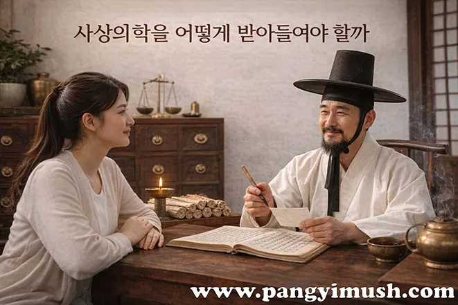 사상의학을 균형 있게 이해하는 장면 이미지 – 상담과 대화 상징