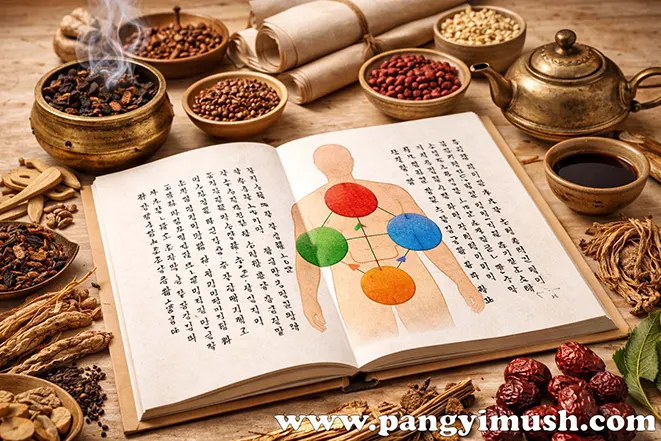 사상의학 체질 개념을 표현한 한방 일러스트 – 약재와 인체 균형 다이어그램