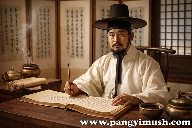 사상의학 역사적 배경을 상징하는 이미지 – 전통 한의학 학자와 고서