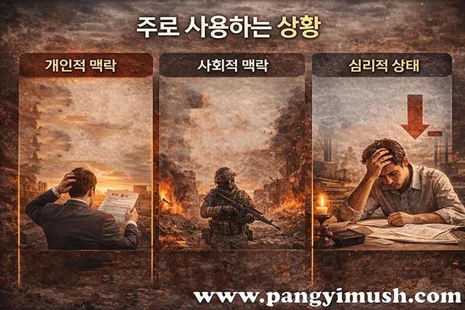 속수무책이 주로 사용되는 상황을 설명한 이미지로, 개인적 맥락, 사회적 맥락, 심리적 상태를 각각 보여주는 세 장면이 나란히 배치되어 있다.