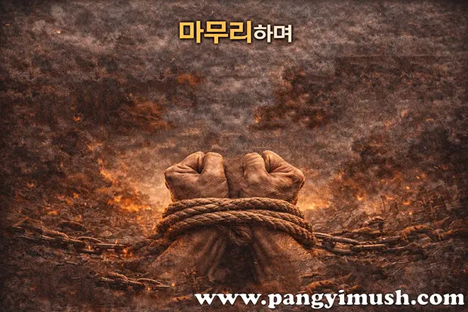 마무리하며라는 문구와 함께 밧줄에 묶인 두 손이 표현된 이미지로, 속수무책의 의미를 상징적으로 보여준다.