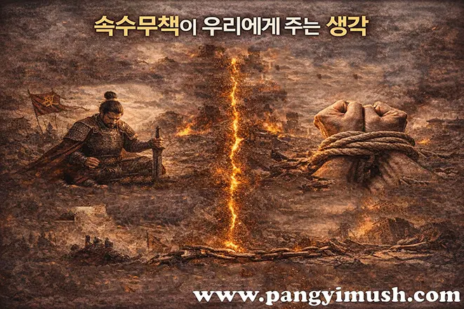 속수무책이 우리에게 주는 생각을 표현한 이미지로, 전쟁으로 폐허가 된 배경 속에서 검을 든 인물과 밧줄에 묶인 두 손이 대비되어 있다.