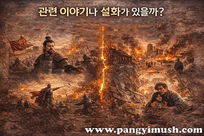 속수무책과 관련된 이야기나 설화를 표현한 이미지로, 전쟁과 혼란 속에서 무력한 인물들이 등장하는 장면이 묘사되어 있다.