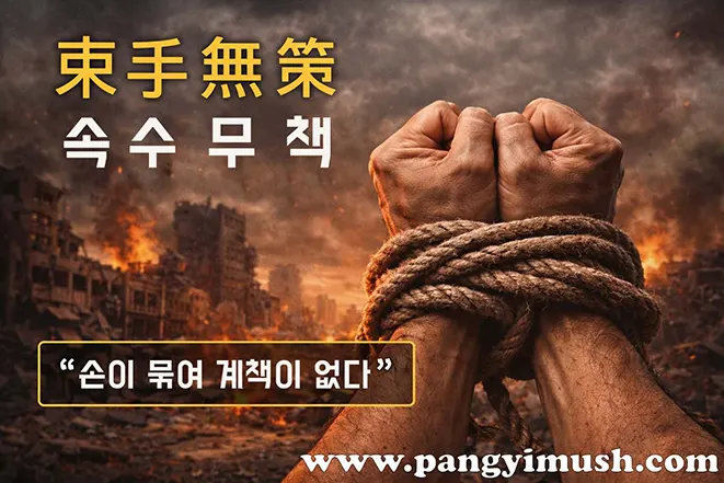 속수무책(束手無策)의 뜻을 표현한 이미지로, 전쟁으로 폐허가 된 도시를 배경으로 밧줄에 묶인 두 손이 보이며 “손이 묶여 계책이 없다”라는 문구가 강조되어 있다.