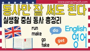영어 회화에서 자주 쓰이는 핵심 동사(run, make, do, get, go, take)를 정리한 썸네일 이미지