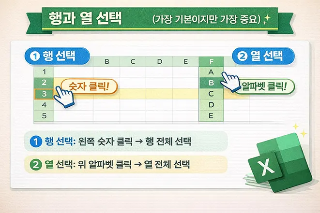 엑셀에서 행은 왼쪽 숫자를 클릭해 선택하고 열은 위쪽 알파벳을 클릭해 선택하는 방법을 설명하는 이미지