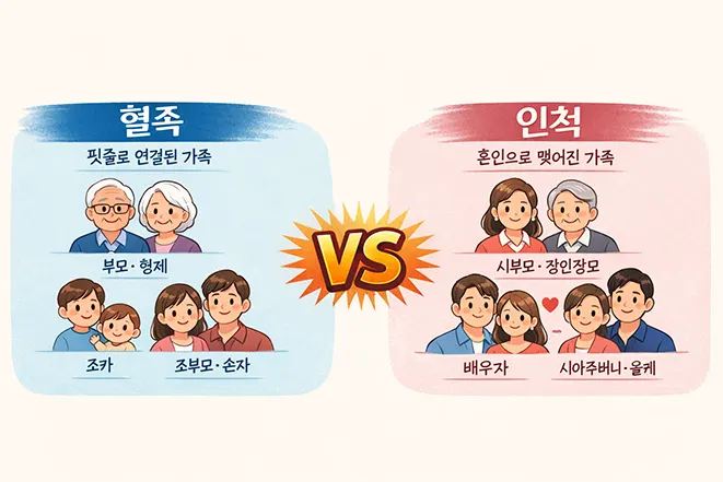 혈족과 인척 차이를 비교한 가족관계 설명 이미지