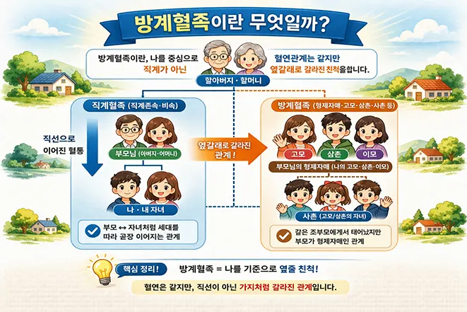 방계혈족 뜻과 형제자매 삼촌 조카 관계를 설명하는 가족관계 이미지