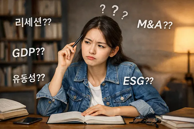 어려운 용어 때문에 혼란을 느끼는 상황을 표현한 이미지