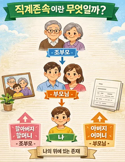 직계존속 뜻과 부모 조부모 관계를 설명하는 가족관계 이미지