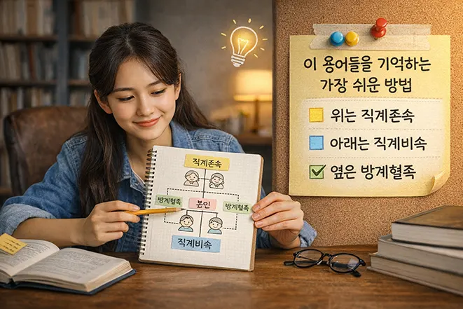 직계존속 직계비속 방계혈족을 쉽게 기억하는 방법을 설명하는 이미지