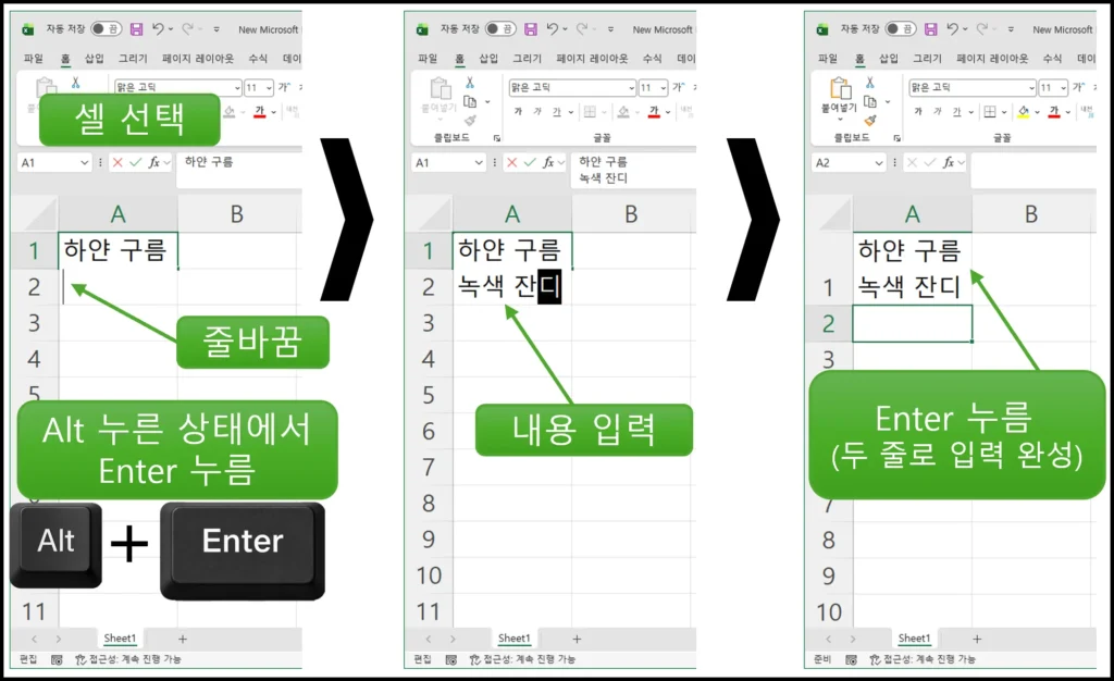 엑셀에서 Alt 키와 Enter 키를 함께 눌러 한 셀 안에서 줄바꿈을 하는 방법 설명 이미지