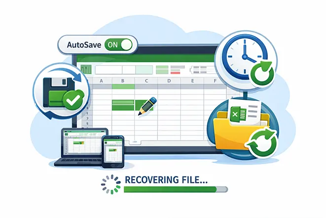 엑셀 자동 저장과 파일 복구 기능을 설명하는 이미지