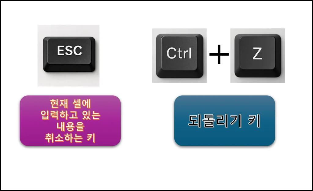 엑셀에서 ESC 키로 현재 입력을 취소하고 Ctrl Z 키로 작업을 되돌리는 기능 설명 이미지