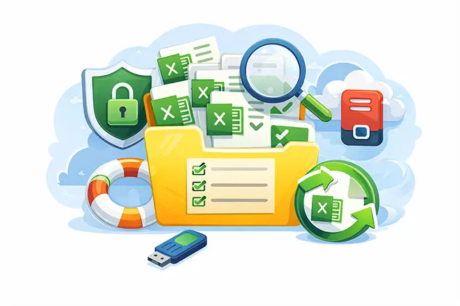 엑셀 파일 관리와 정리, 백업 방법을 설명하는 이미지