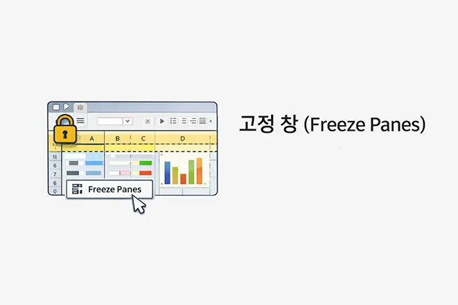 엑셀에서 고정 창 기능을 사용하여 상단 행을 고정하고 스크롤 시에도 유지되는 화면을 보여주는 이미지