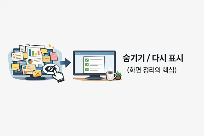 엑셀에서 숨기기와 다시 표시 기능을 통해 화면을 정리하는 과정을 보여주는 이미지