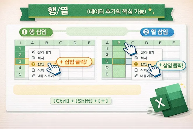 엑셀에서 행과 열을 삽입하는 방법과 우클릭 삽입 메뉴 및 단축키 Ctrl Shift 플러스를 설명하는 이미지