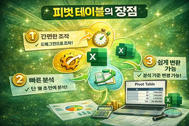 엑셀 피벗 테이블의 장점을 설명하는 이미지로 간편한 조작, 빠른 데이터 분석, 분석 기준 변경의 유연성을 시각적으로 표현