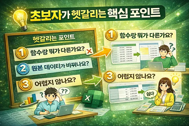 엑셀 피벗 테이블 초보자가 헷갈리는 핵심 포인트를 설명하는 이미지로 함수와의 차이, 원본 데이터 변화 여부, 난이도에 대한 혼란을 표현