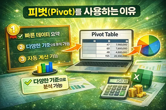 엑셀 피벗 테이블을 사용하는 이유를 설명하는 이미지로 빠른 데이터 요약, 다양한 기준 분석, 자동 계산 기능을 시각적으로 표현
