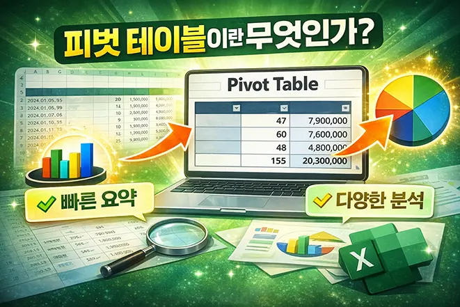 엑셀 피벗 테이블 개념을 설명하는 이미지로 원본 데이터가 요약되고 다양한 분석으로 변환되는 과정을 시각적으로 표현