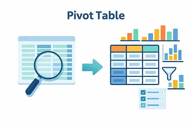엑셀 피벗 테이블 개념을 단순하게 표현한 이미지로 원본 데이터가 요약된 표와 차트로 변환되는 과정을 보여줌