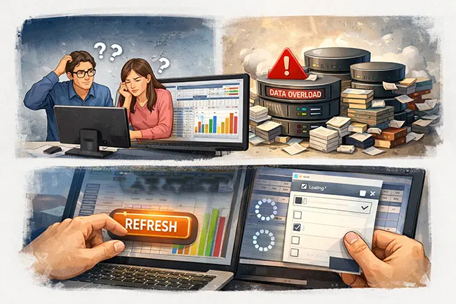 엑셀 피벗 테이블의 단점을 설명하는 이미지로 복잡한 데이터 처리 문제, 대용량 데이터 한계, 새로고침 필요성을 시각적으로 표현