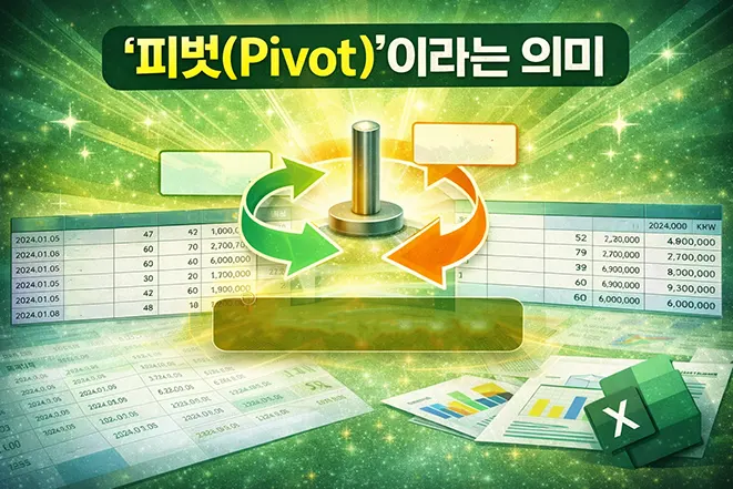 엑셀 피벗 테이블에서 피벗의 의미를 설명하는 이미지로 데이터를 행과 열 기준으로 회전하며 분석하는 개념을 시각적으로 표현