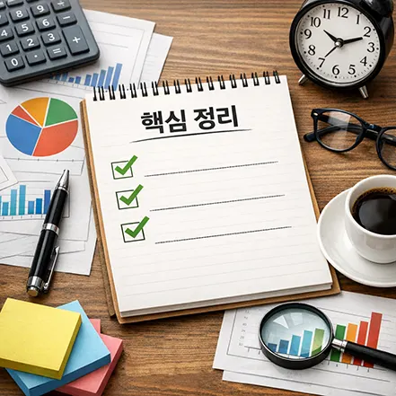 엑셀 피벗 테이블 핵심 내용을 정리한 이미지로 체크리스트 형태의 요약 노트와 데이터 분석 도구를 표현