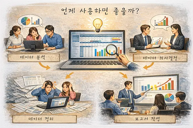 엑셀 피벗 테이블을 언제 사용하면 좋은지 설명하는 이미지로 데이터 분석, 의사결정, 데이터 정리, 보고서 작성 상황을 시각적으로 표현