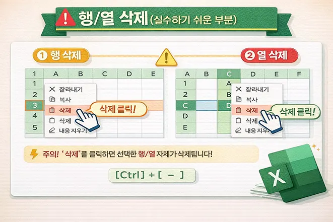 엑셀에서 행과 열을 삭제하는 방법과 삭제 메뉴 및 단축키 Ctrl 마이너스를 설명하는 이미지