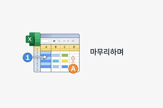 엑셀에서 행과 열 구조를 요약하며 데이터 흐름과 방향을 보여주는 마무리 이미지