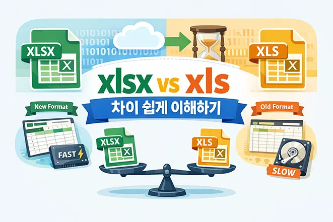 엑셀 파일 형식 xlsx와 xls의 차이를 비교하여 설명하는 이미지