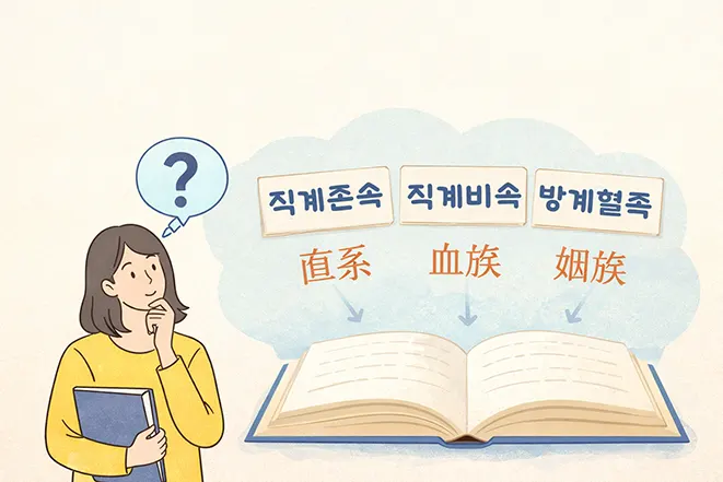 직계존속 직계비속 방계혈족 개념을 책과 함께 설명하는 가족관계 용어 이미지