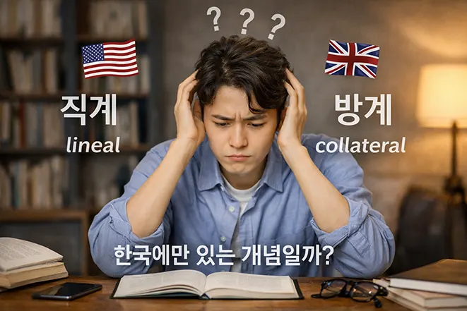 직계 방계 개념이 한국에만 있는지 고민하는 상황을 표현한 이미지