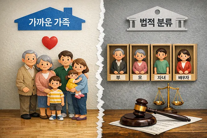 가족의 감정적 관계와 법적 가족 분류 차이를 설명하는 이미지