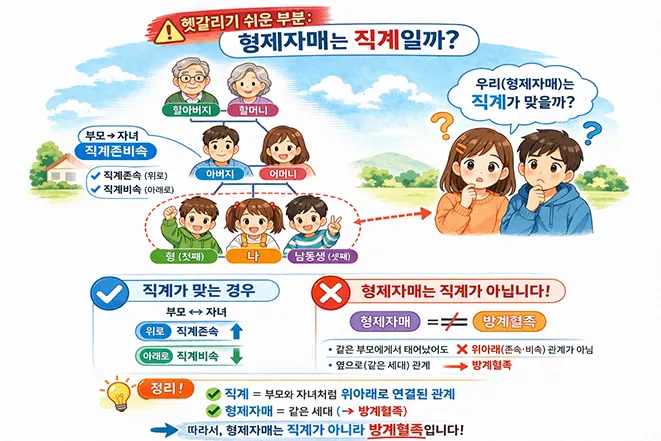 형제자매는 직계가 아닌 방계혈족이라는 개념을 설명하는 가족관계 이미지