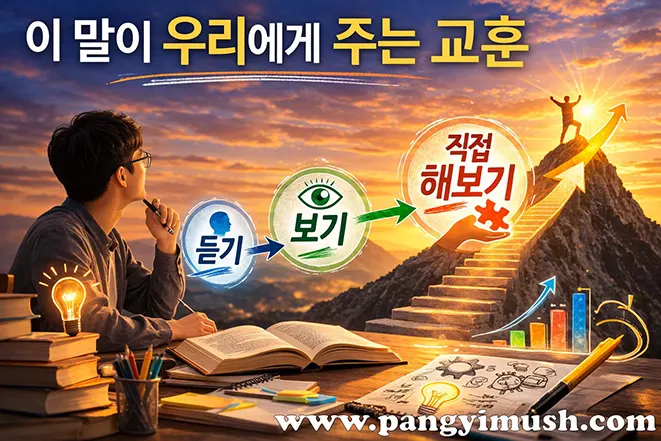 백문이 불여일견 백견이 불여일타의 교훈을 설명하는 이미지로 듣기, 보기, 직접 해보기 단계를 통해 실천의 중요성을 보여주는 장면