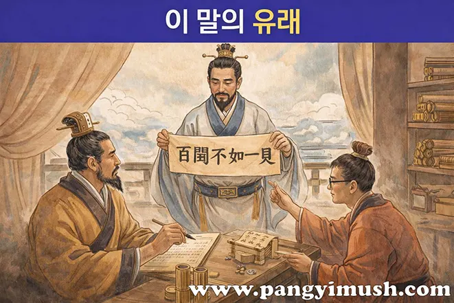 백문이 불여일견 유래를 설명하는 이미지로 중국 고대 학자들이 百聞不如一見 글자가 적힌 두루마리를 보며 토론하는 장면