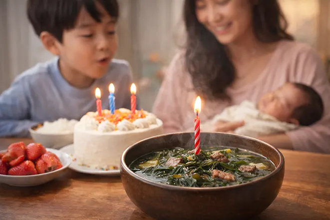 한국 생일에 미역국과 케이크를 함께 준비한 가족의 모습