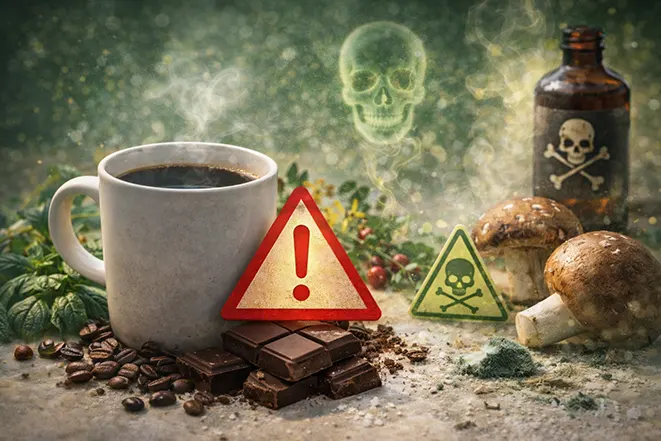 쓴맛과 위험 신호를 표현한 이미지로 커피 초콜릿 독성 표시와 버섯이 함께 있는 장면