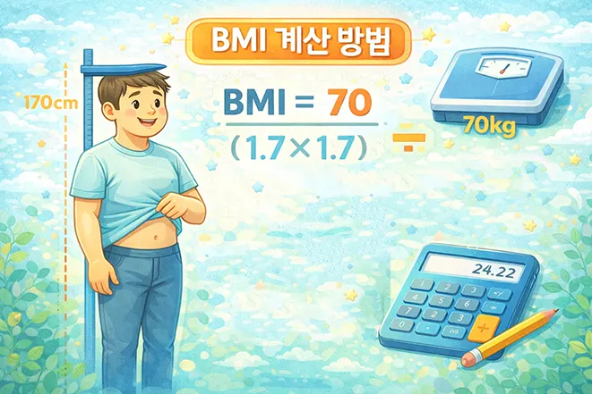 키와 몸무게를 이용하여 BMI 계산 공식과 예시를 설명하는 이미지